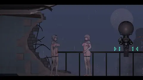 角色在月光下的破损建筑中与同伴相遇